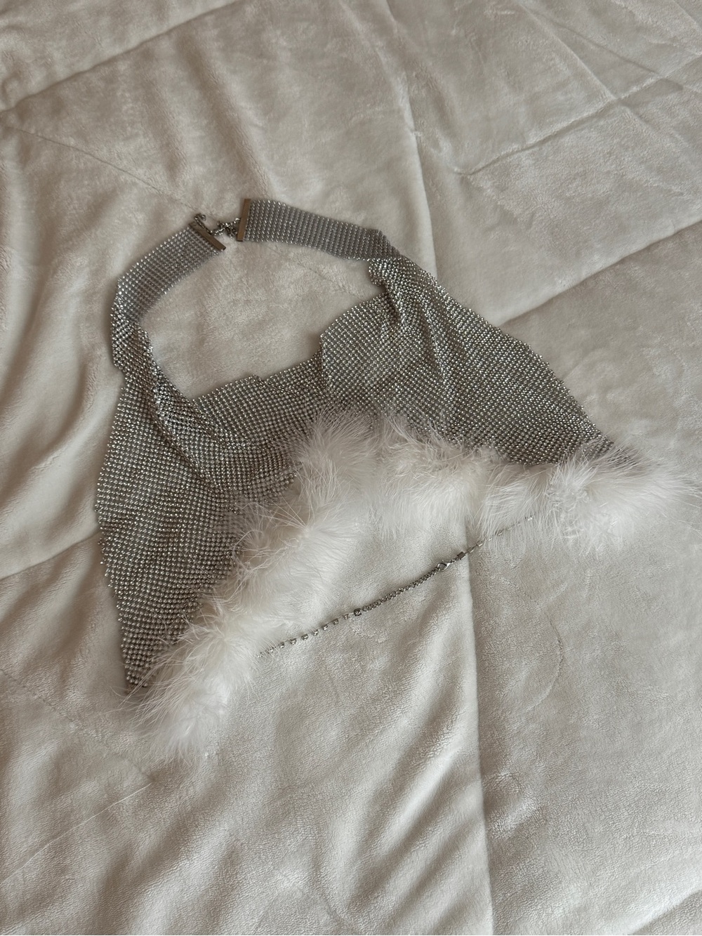 Rhinestone Mesh Halter Top with White Feather Trim